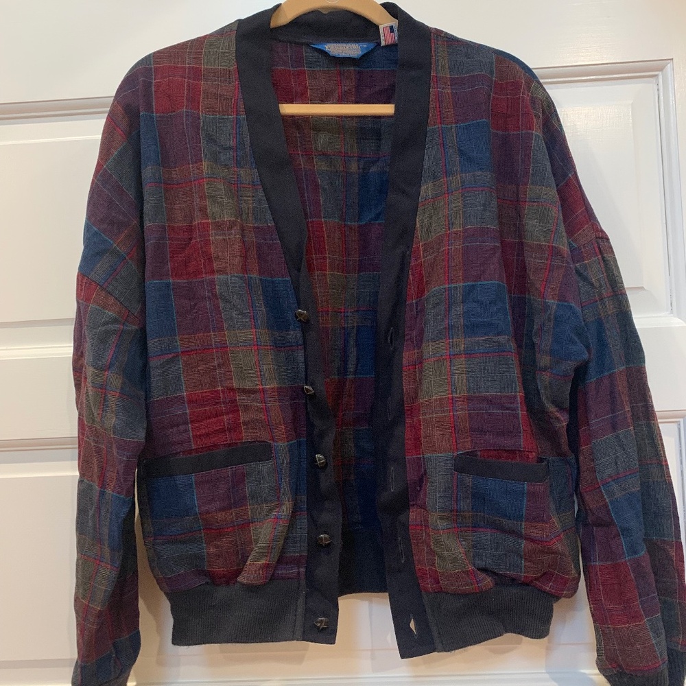 Vintage Pendleton Red Blue Plaid Wool Cardigan Made In USA Size M